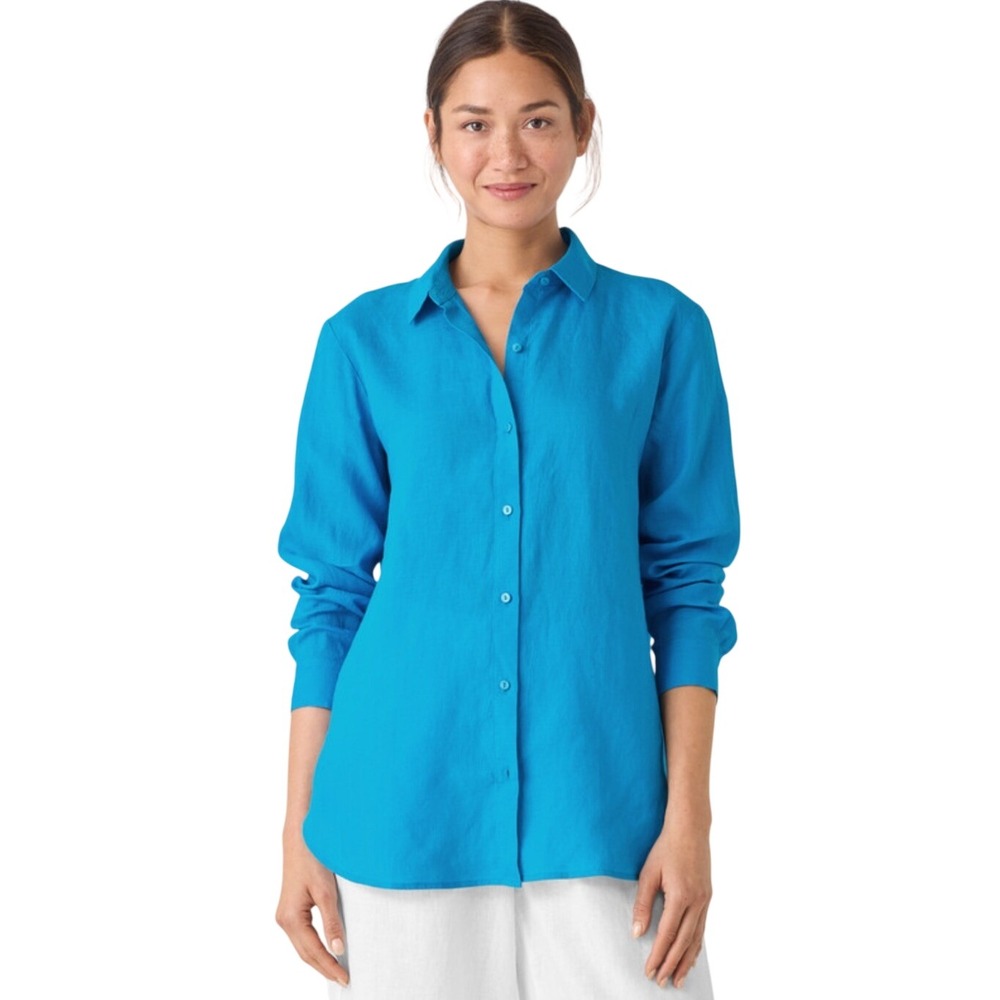 Eileen Fisher Organic Linen Button Down Shirt Blue Sz S Long Sleeve